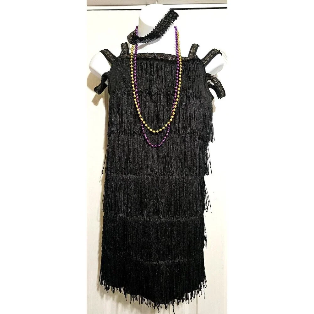 Girls Roaring 20s Flapper Costume Dress Feather Boa Headband Pearls 1920s Kids